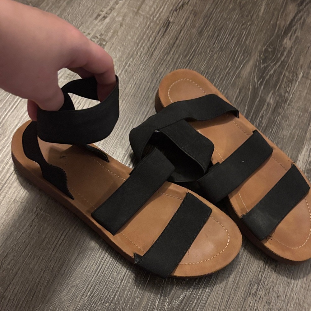 Black Elastic Strap Sandals with Tan Footbed - Picture 2 of 2